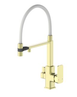 Смеситель для кухни Wonzon & Woghand WW-88458012-BG?MW) с гибким изливом и подключением фильтра брашированное золото/белый